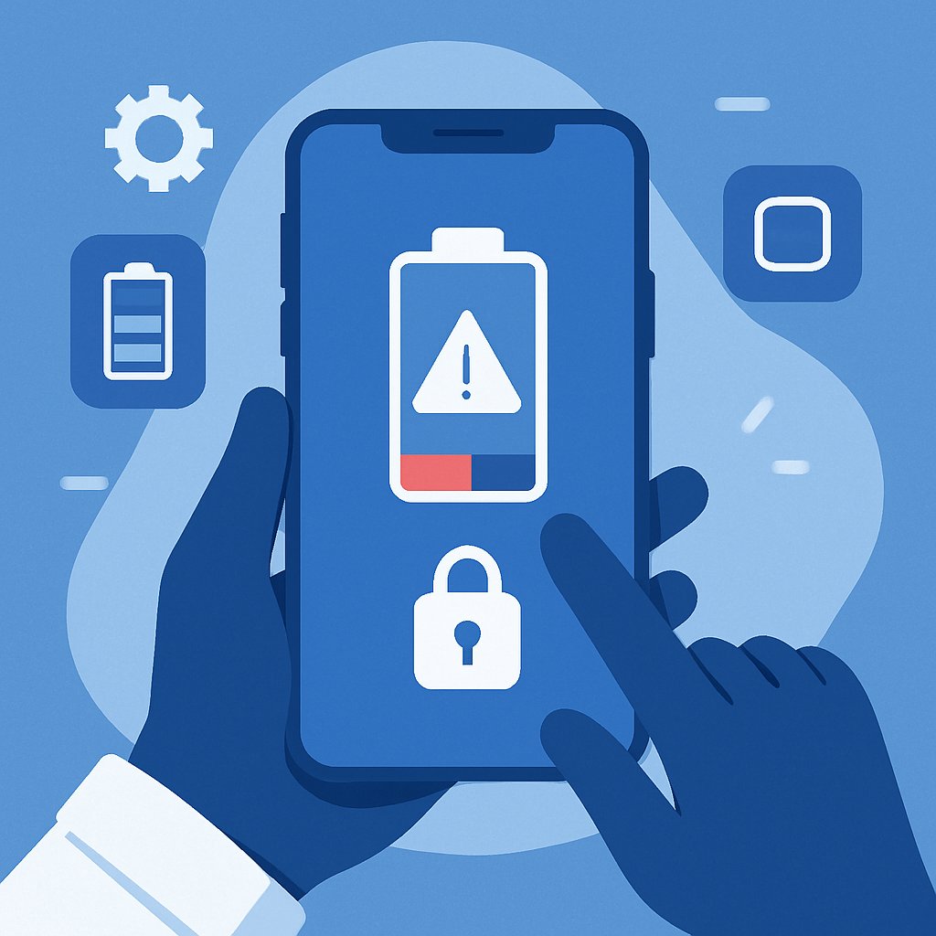 Flat design smartphone graphic with a battery icon in blue and white for an article on saving phone battery life.