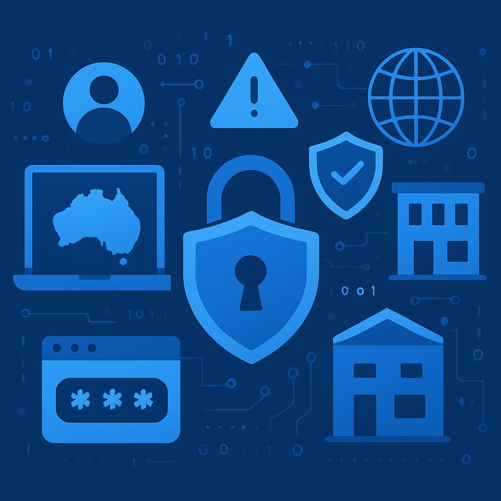 Flat design blue and white tech illustration for Australian small business cybersecurity and digital data protection.