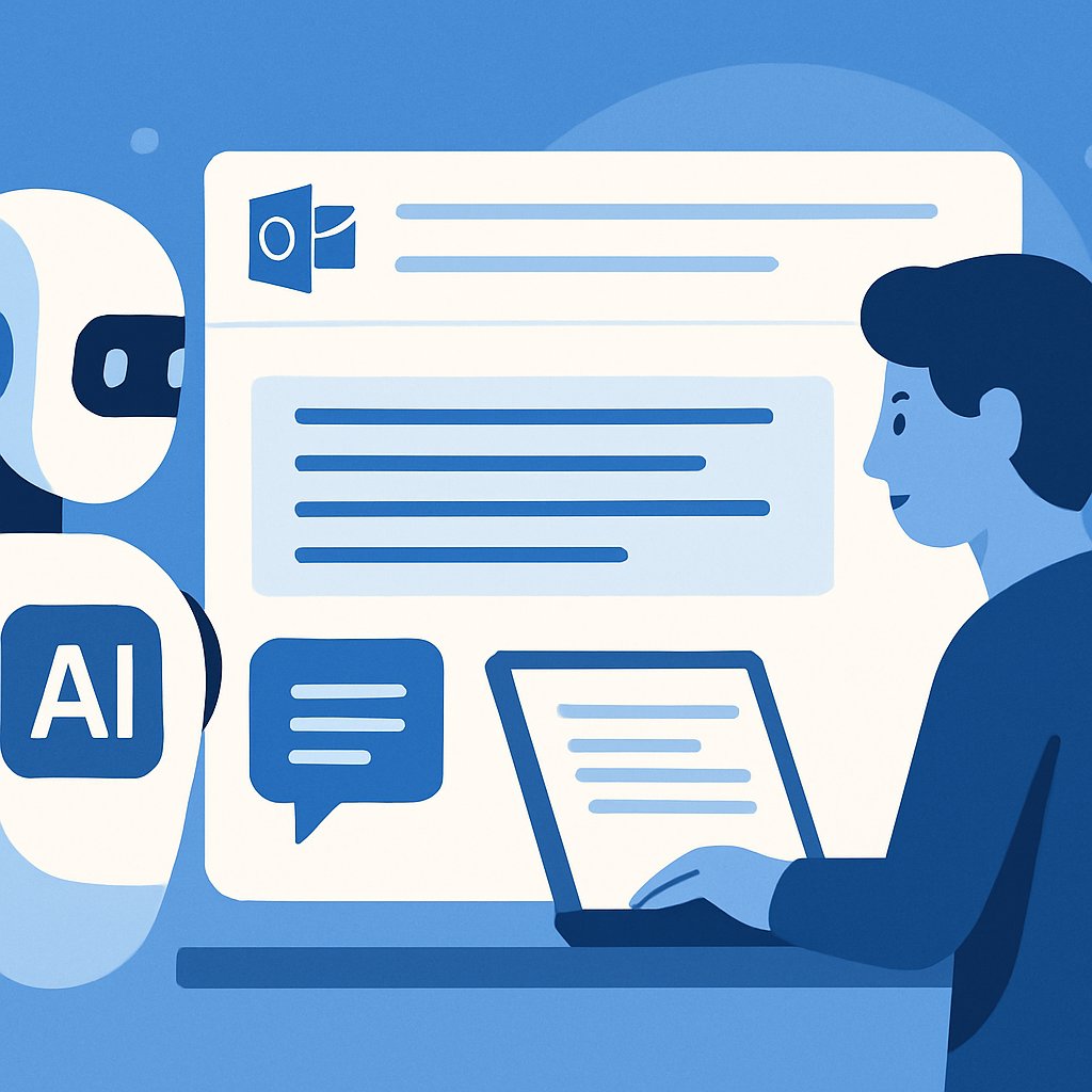 Flat design of Microsoft Copilot AI helping draft emails in Outlook, blue and white tech illustration.