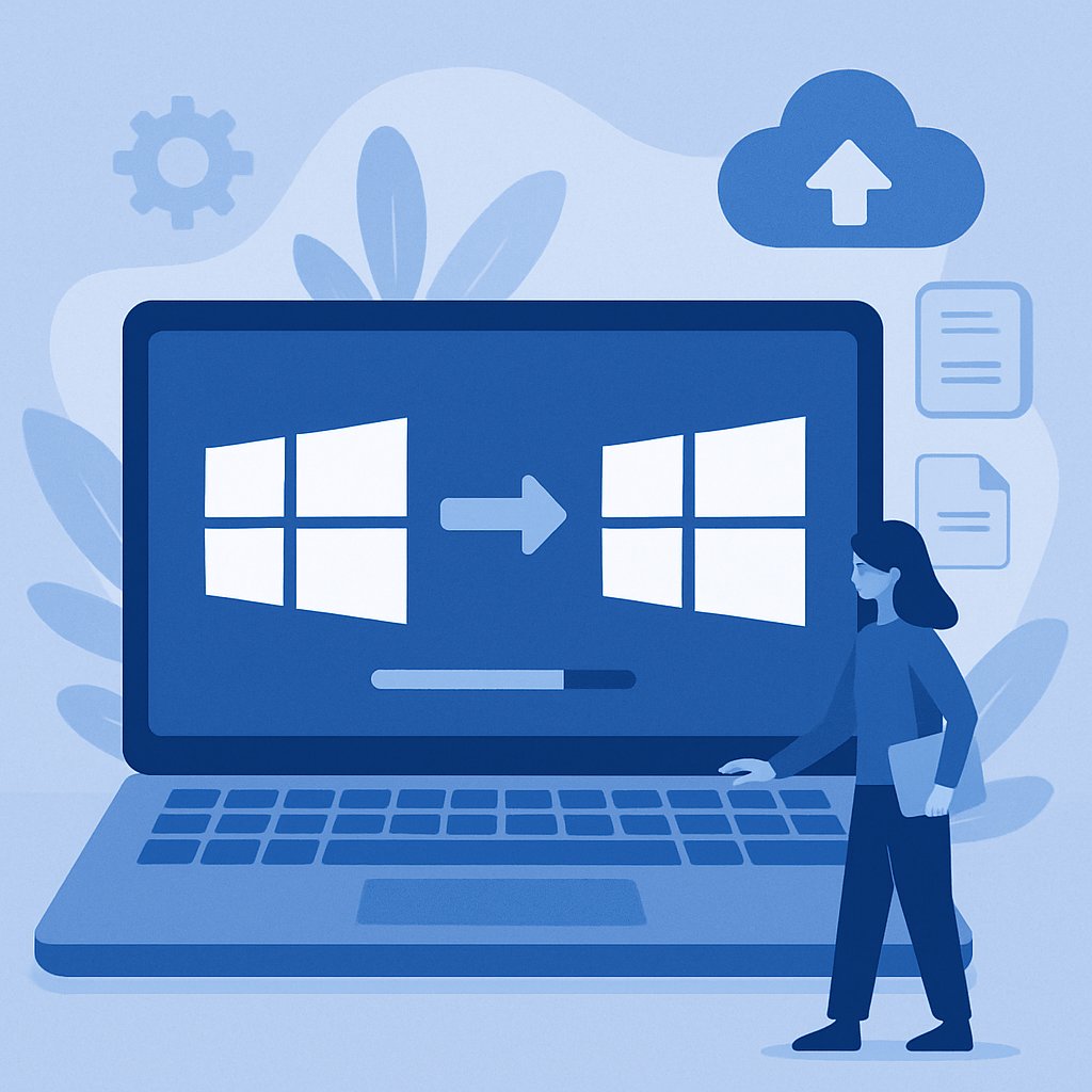 Blue and white flat design digital art representing a secure Windows 10 to Windows 11 software upgrade process.