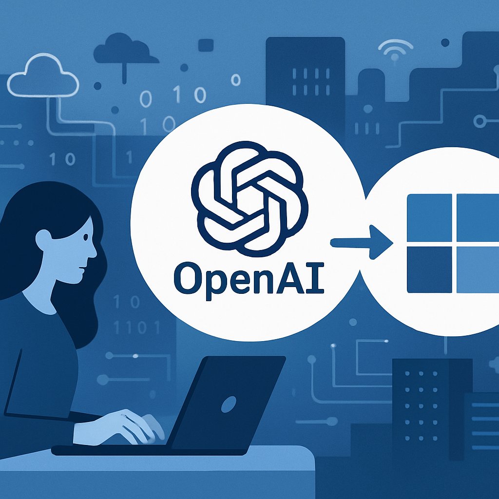 Flat design blue and white tech illustration symbolizing a new era for OpenAI and Microsoft AI strategy.