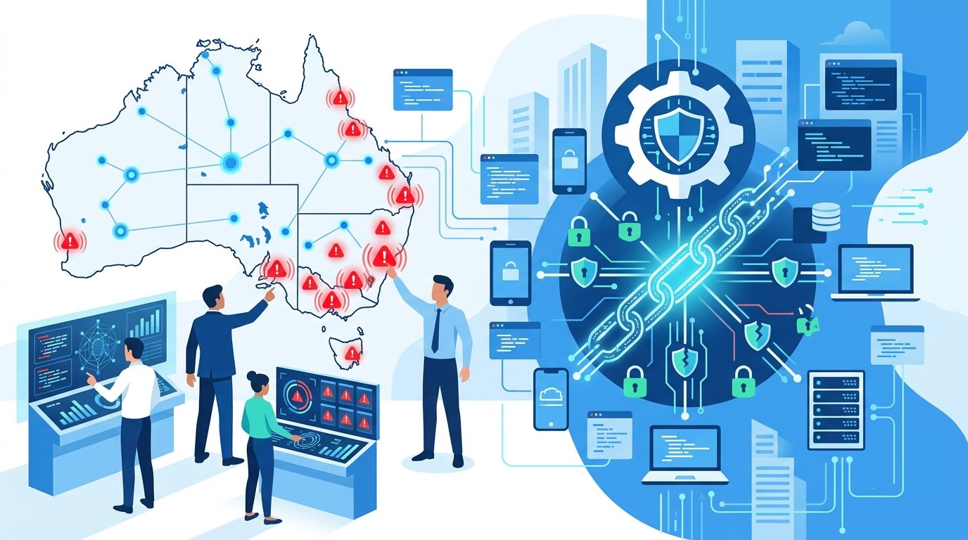 Blue and white flat design tech illustration representing cybersecurity and device code phishing for IT managers.
