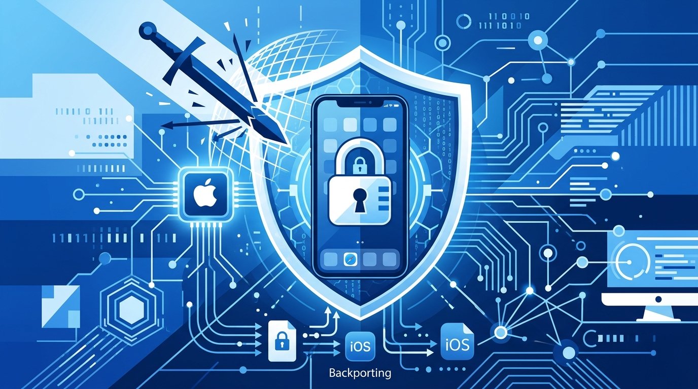 Blue and white flat design illustration of a mobile security shield representing Apple iOS 18 security patches.