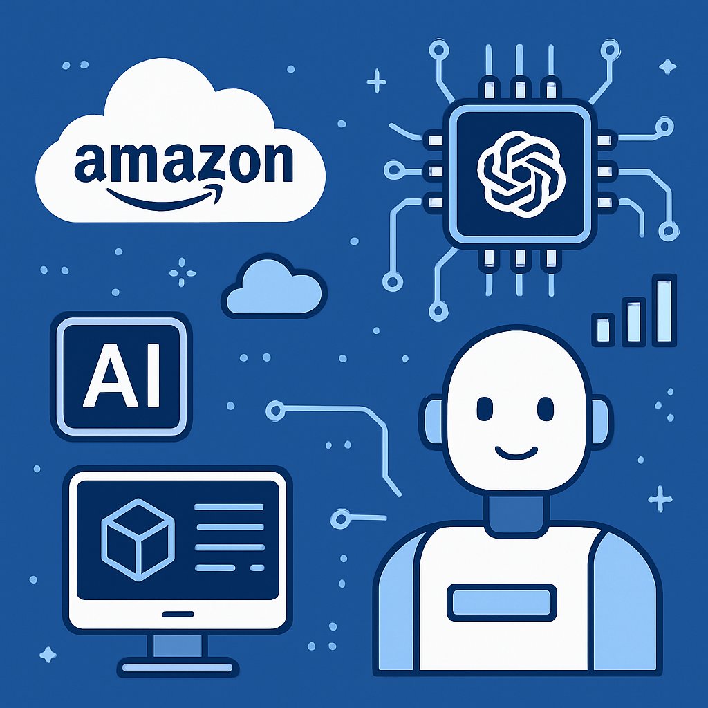 Blue and white flat design tech art for Amazon Bedrock launching OpenAI gpt-oss models for AI and MSP news.