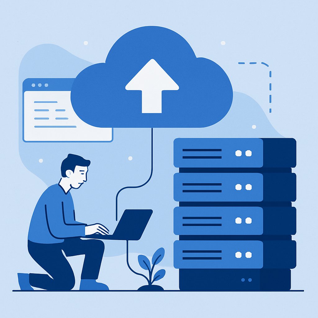 Flat design illustration of a server syncing data to a cloud for small business offsite backup in blue and white.