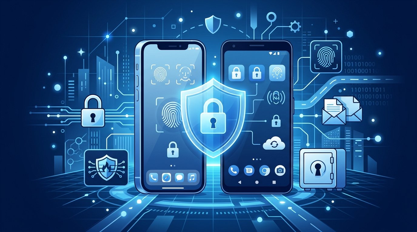 Flat design blue and white smartphone illustration for a guide on securing iPhone and Android devices from hackers.