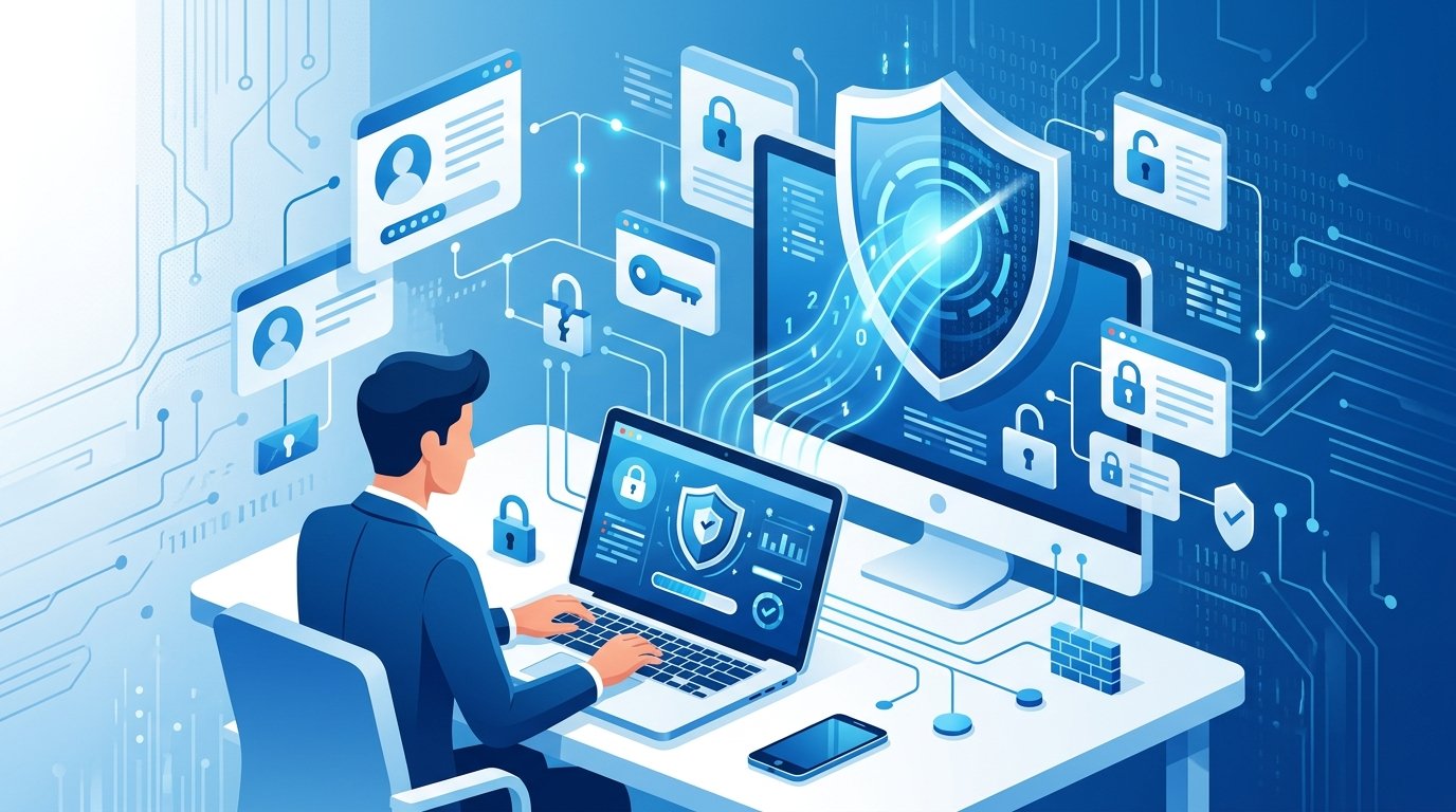 Flat design blue and white graphic of a secure padlock and digital shield for checking online password leaks.