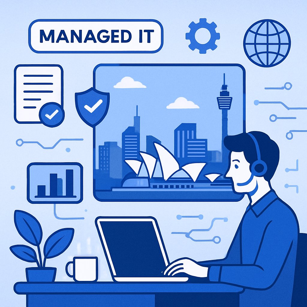 Managed IT services for Sydney small businesses, digital flat design illustration in blue and white tech style.