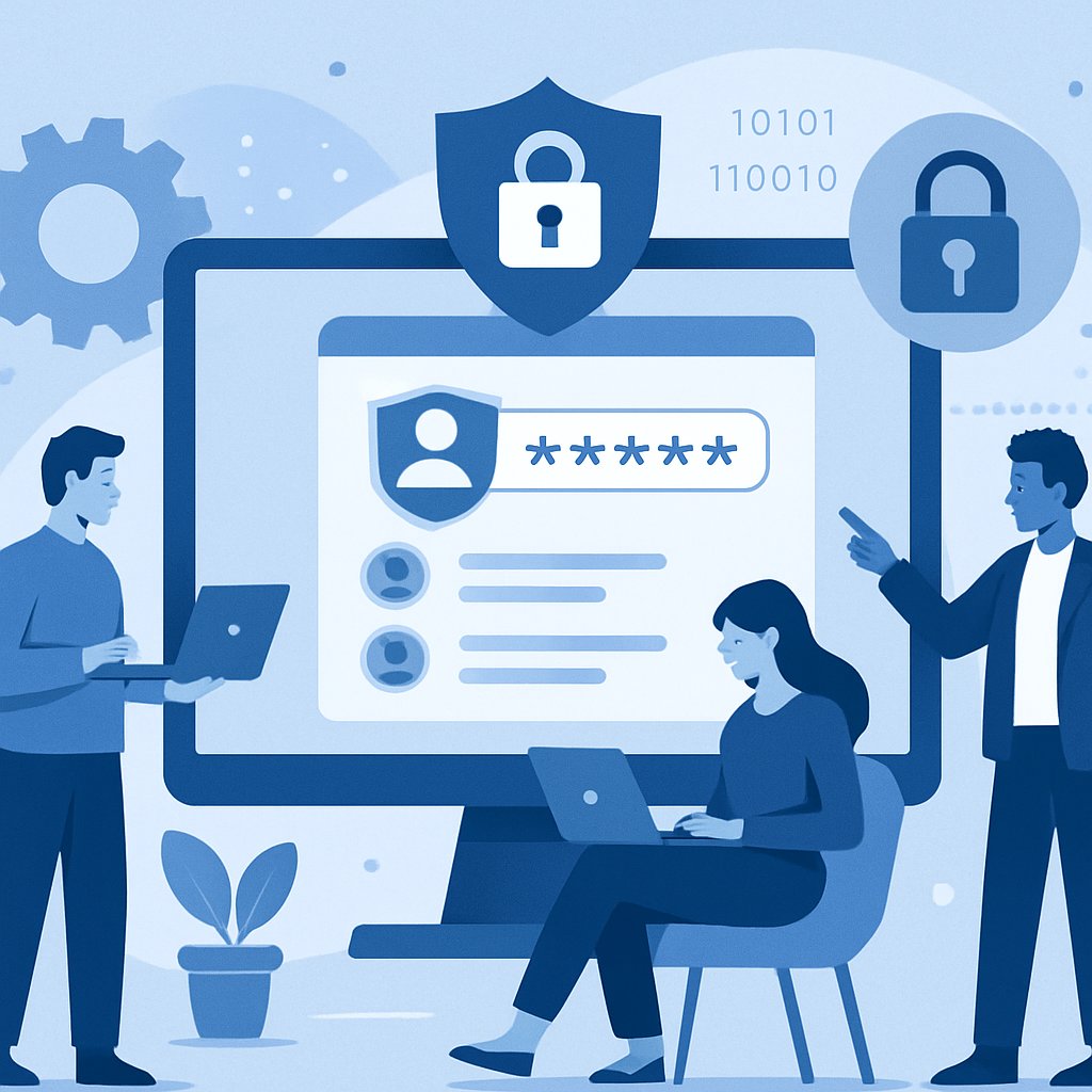 Blue and white flat design digital art illustrating secure team password management and small business cybersecurity.