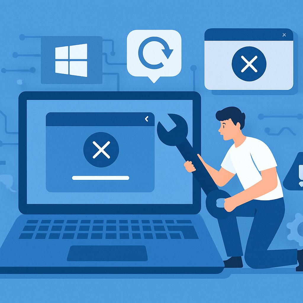 Blue and white flat design illustration of a computer with gear icons for Windows 11 troubleshooting and PC repairs.