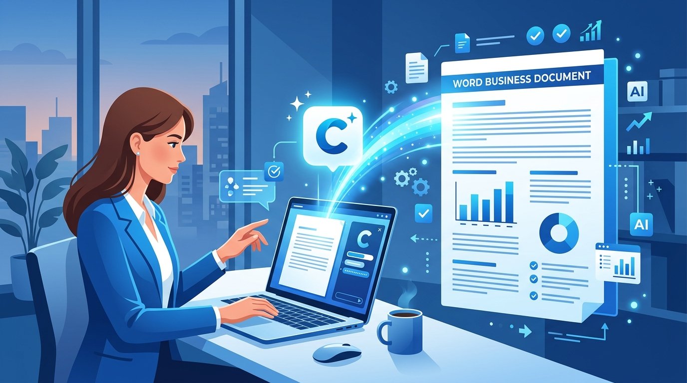 Microsoft Copilot AI productivity features in a word document, blue and white flat design digital art illustration.