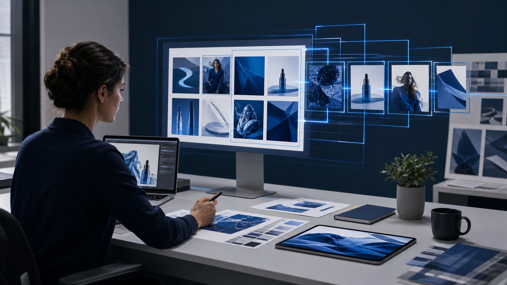 Creative workstation showing AI-generated campaign image assets