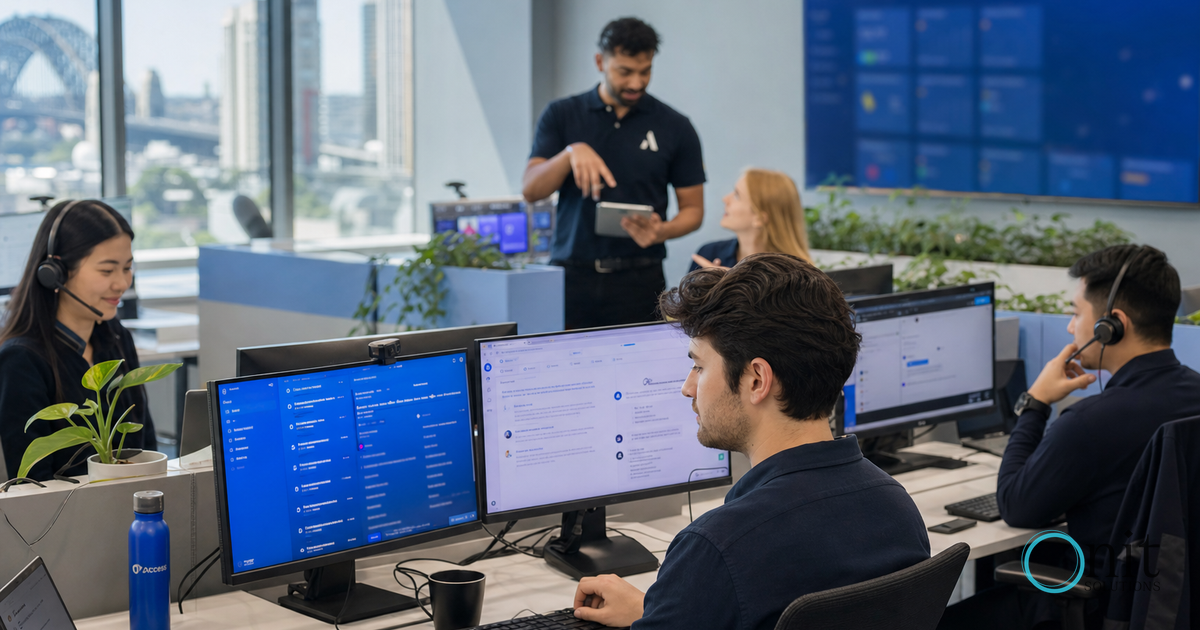 Customer support team in Sydney using AI technology in a modern office