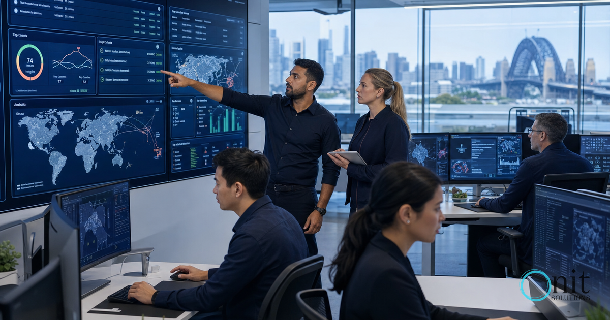 IT professionals in a Sydney-based security operations center monitoring AI-driven cyber threats.