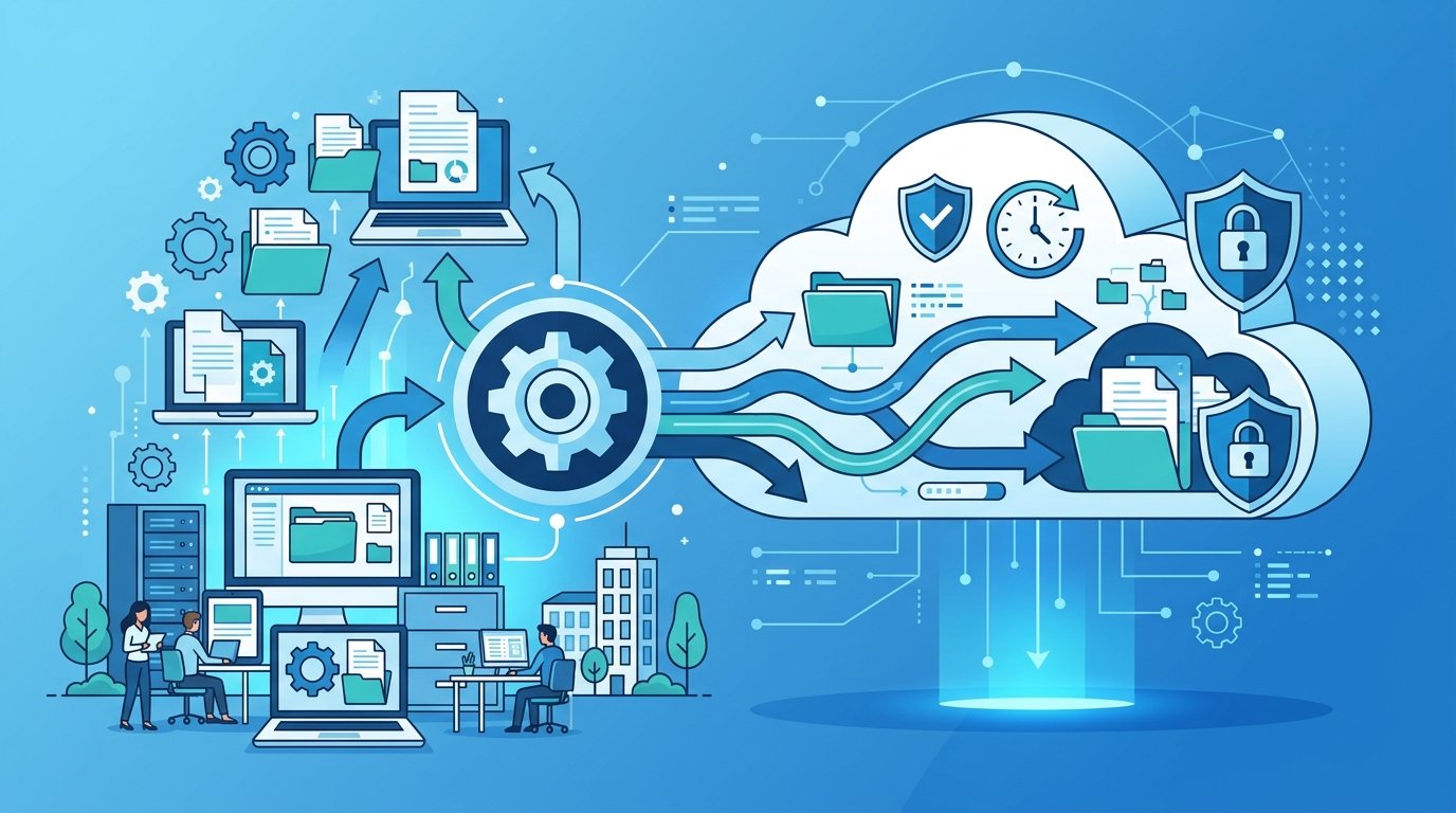 Flat design illustration of automatic cloud data backup for small businesses in a blue and white tech aesthetic.