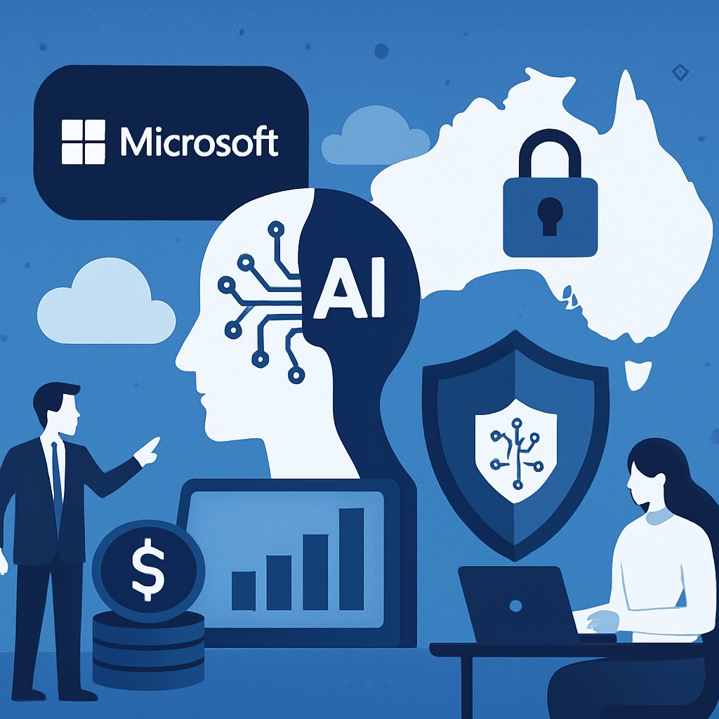 Digital art representing Microsoft's investment in Australia's AI and cyber security with a blue tech aesthetic.