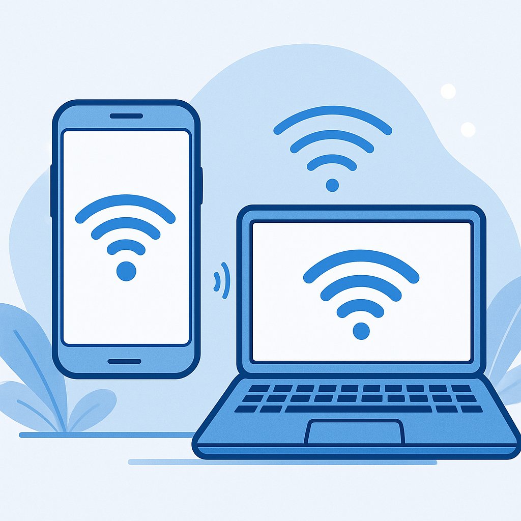 Blue and white flat design illustration of a mobile hotspot signal connecting a smartphone to a laptop computer.