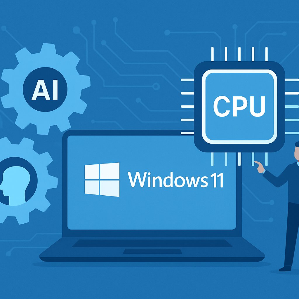 Flat design digital art of a blue CPU chip and circuit lines symbolizing Windows 11 performance and CPU optimization.