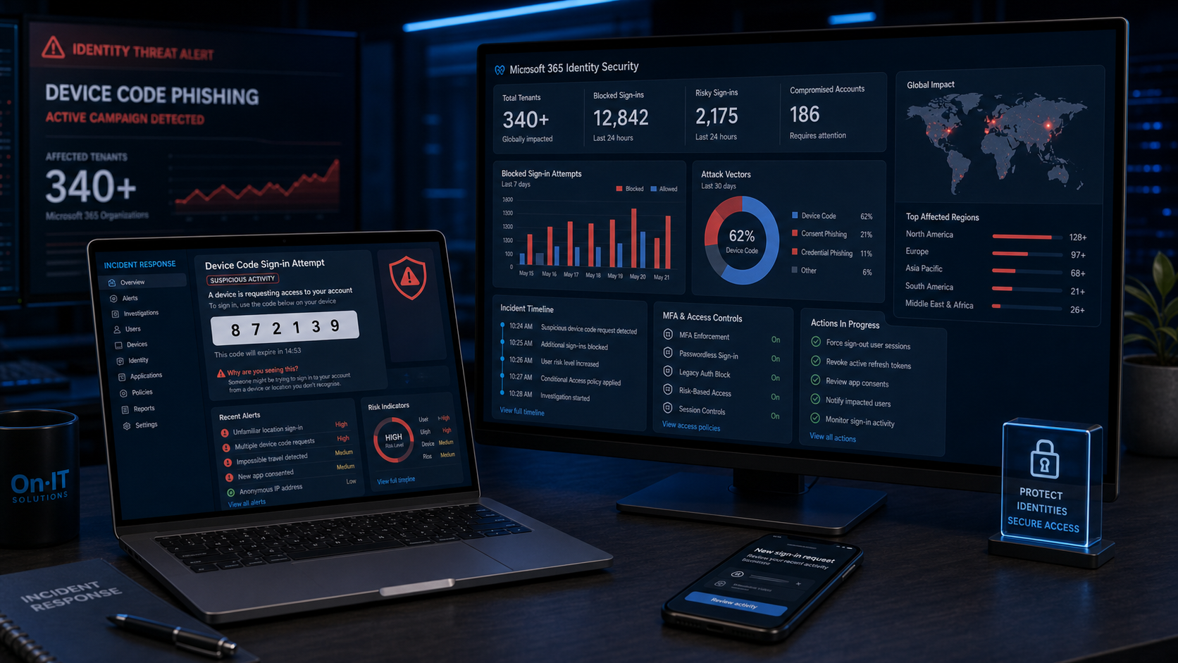Microsoft 365 incident response dashboard for device code phishing attacks