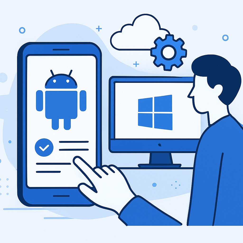 Digital art of Android smartphone enrollment in Microsoft Intune for business management in a blue tech flat design style.
