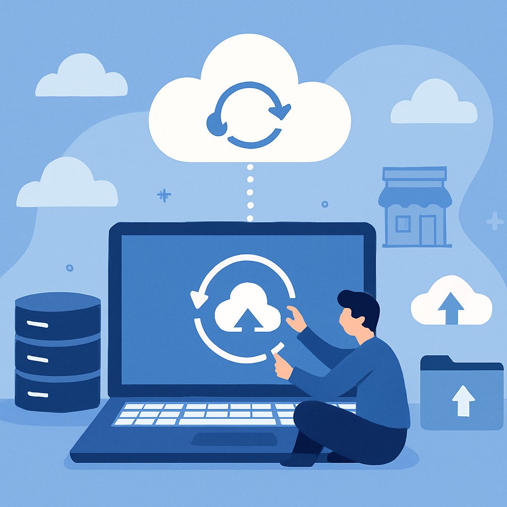 Flat design illustration of cloud data backup and storage synchronization in a blue and white tech aesthetic.