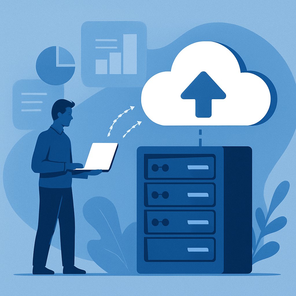 Blue and white flat design illustration of secure business data migration and cloud backup technology.