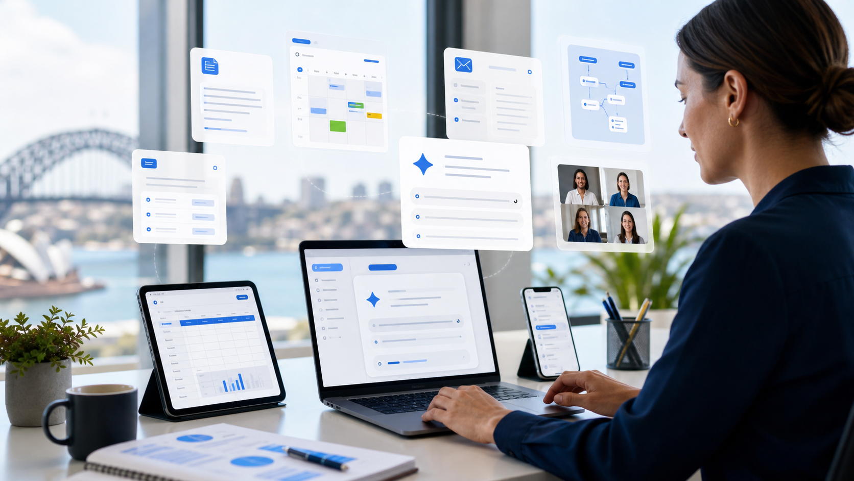 AI productivity workspace with abstract business documents and calendar panels