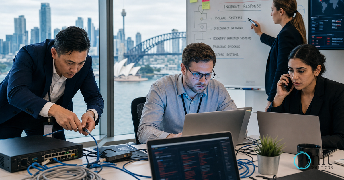 IT professionals in a Sydney office managing a ransomware attack, disconnecting cables and securing the network.