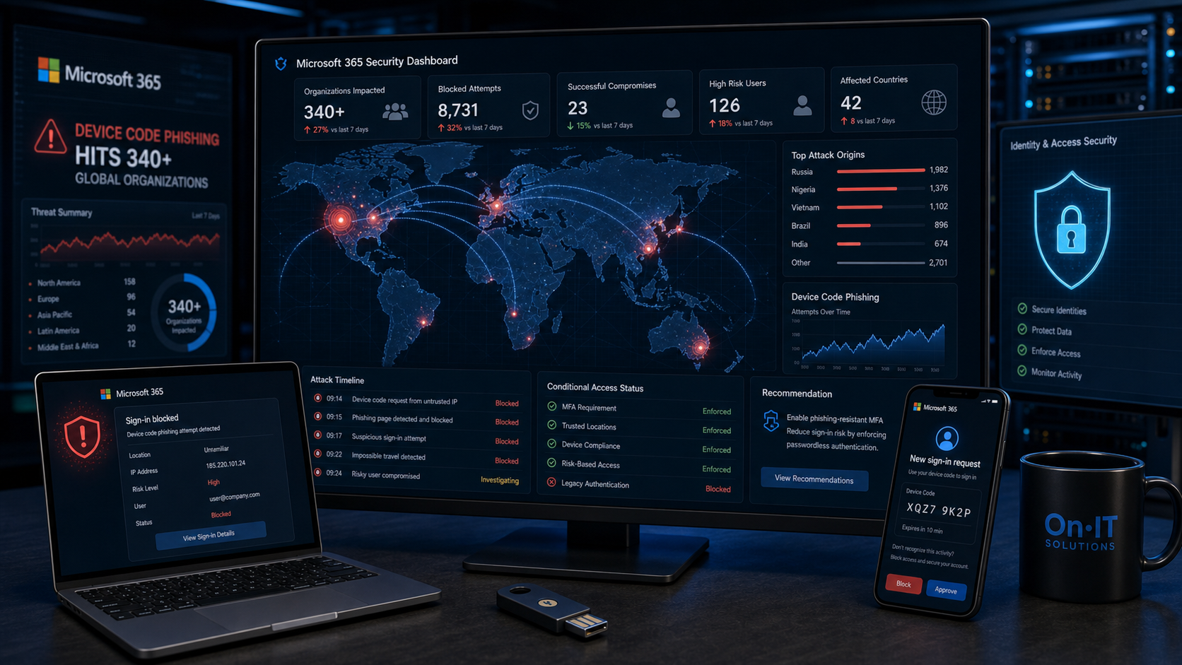 Global Microsoft 365 device code phishing dashboard with blocked sign ins