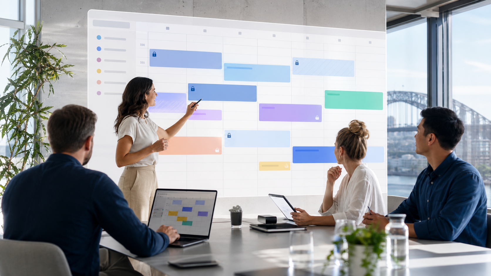 Team planning with shared calendar permissions in a modern office