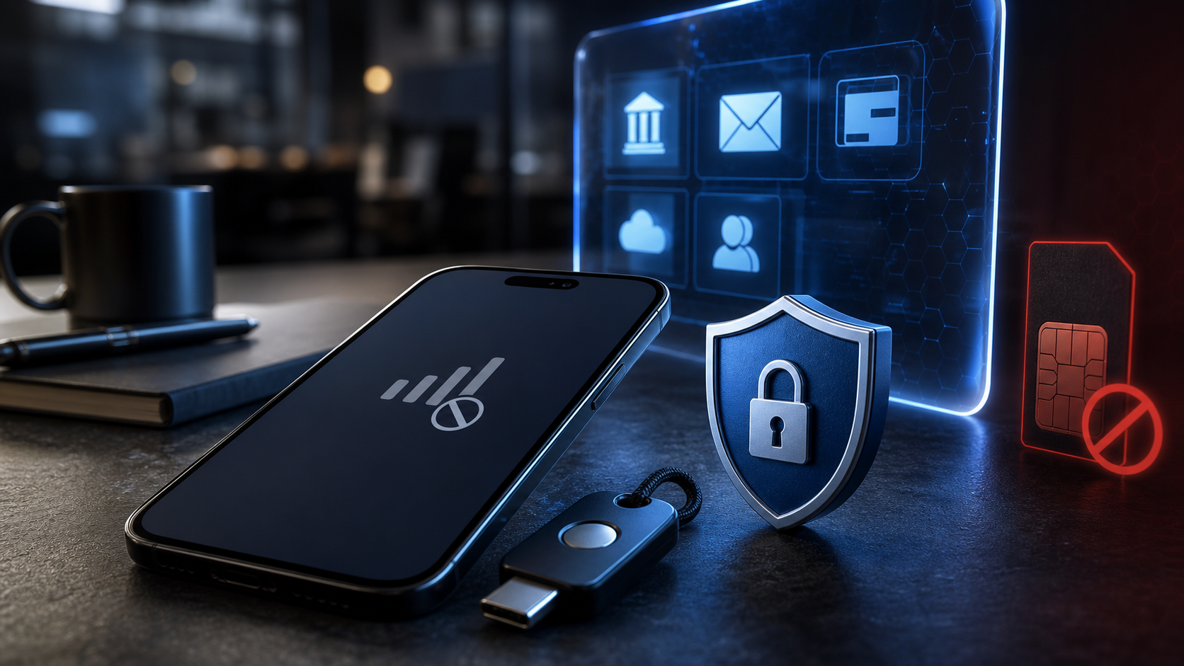 Smartphone and hardware security key blocking a SIM swapping attack