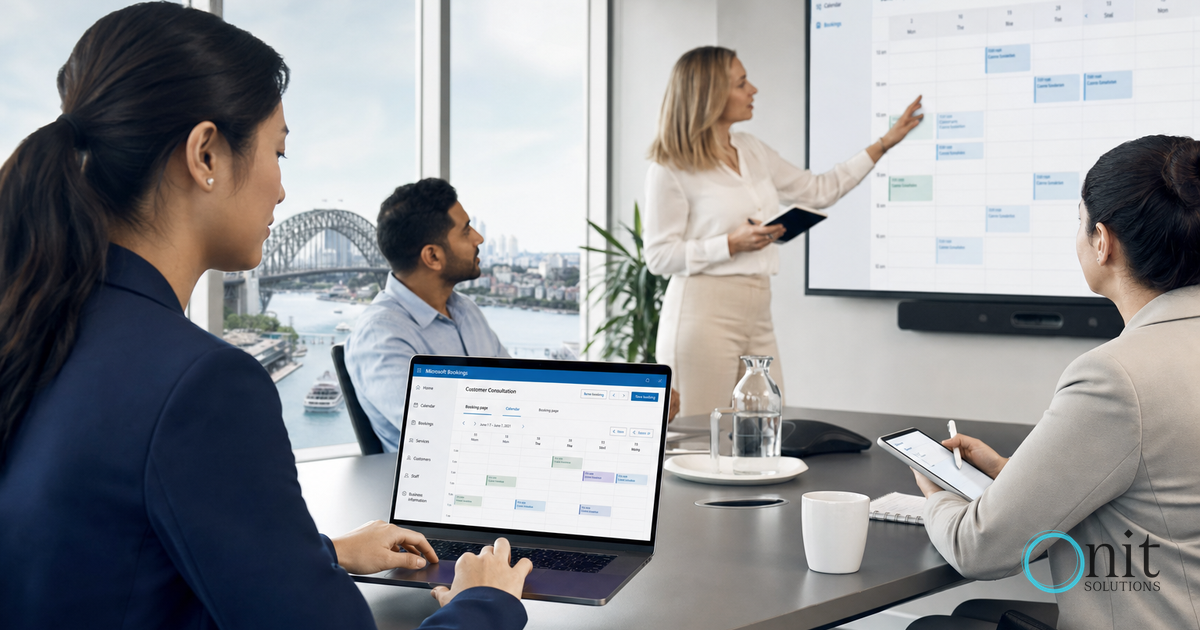 Professionals in a Sydney office using Microsoft Bookings on laptops and tablets