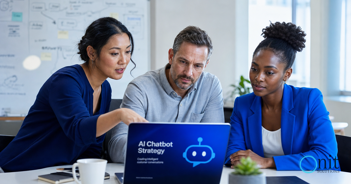 Diverse team collaborating on AI chatbot setup in modern Sydney office