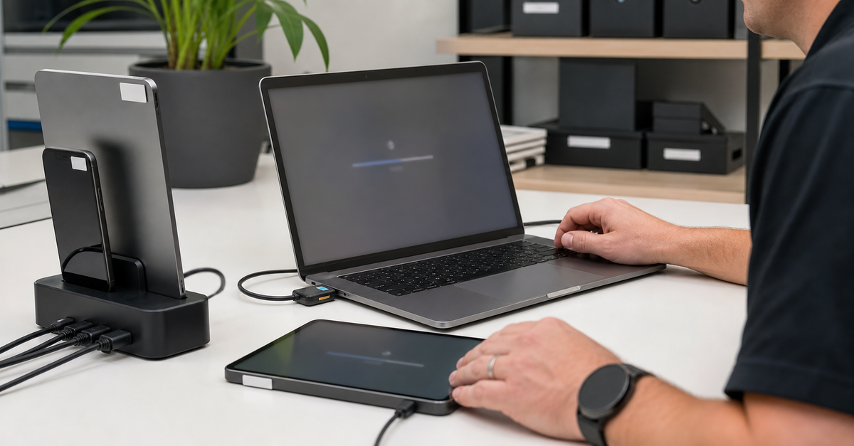 IT support workstation with Apple business devices connected for security updates and patch management.