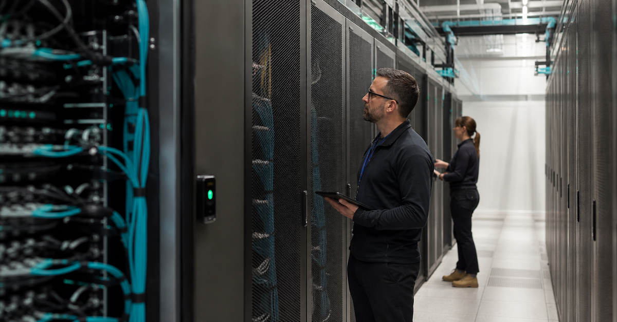 Modern data centre server racks representing secure cloud infrastructure and Australian digital resilience for SMBs.