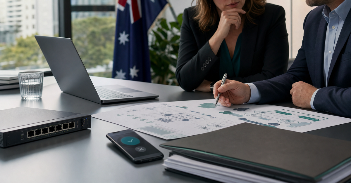 Cybersecurity planning workspace with a laptop, phone approval screen, network device and policy documents for Australian digital resilience.